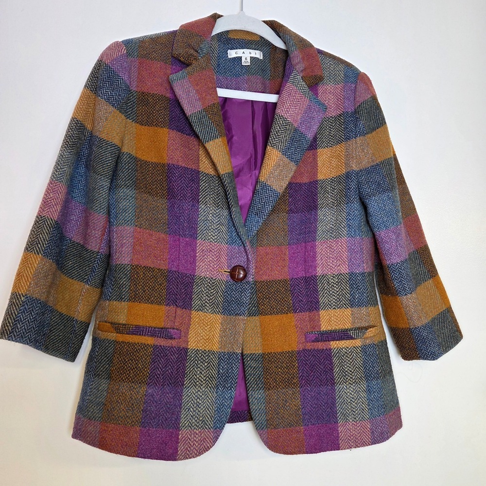 Cabi Plaid Wool Blend Blazer Jacket Women's 6 Multicolor Check Tweed Lined 3/4